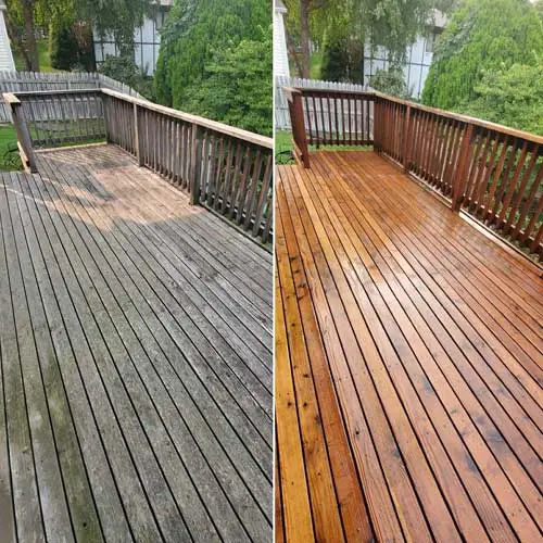 before and after of a wood deck cleaning